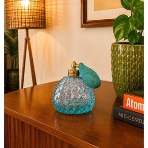 Vintage IW Rice Hobnail Aqua Blue Perfume Bottle Retro Glass Feminine